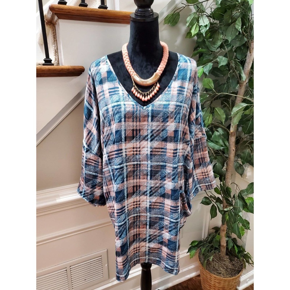 Woman Within Multicolor Check Polyester V-Neck Long Sleeve Pullover Top Shirt 3X